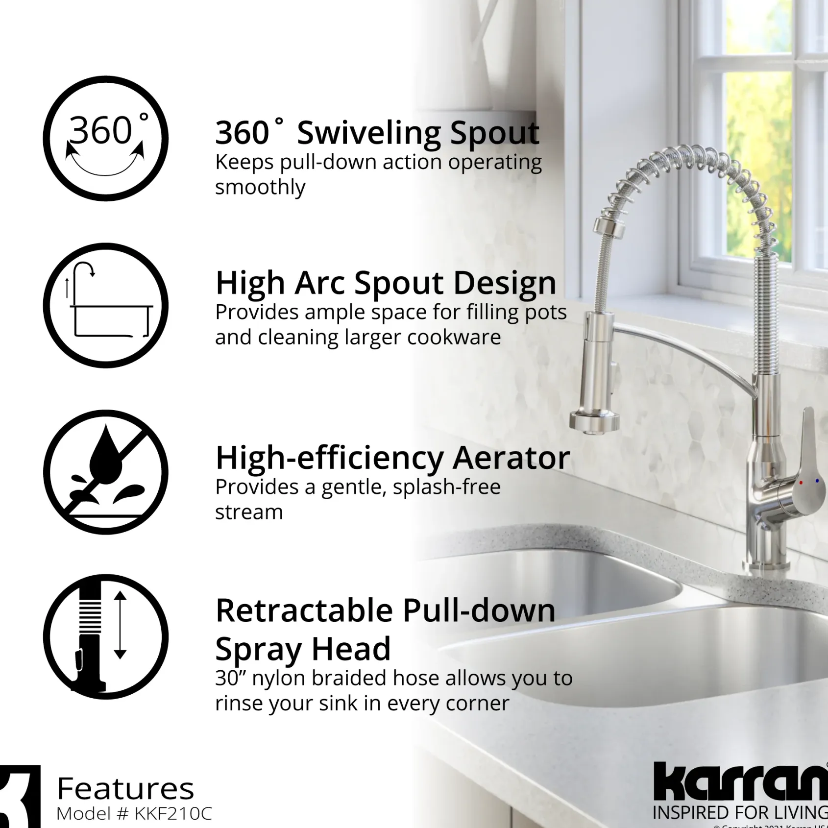 Karran Scottsdale 1.8 GPM Single Lever Handle Lead-free Brass ADA Kitchen Faucet, Pull-Down Kitchen, Chrome, KKF210SD35C