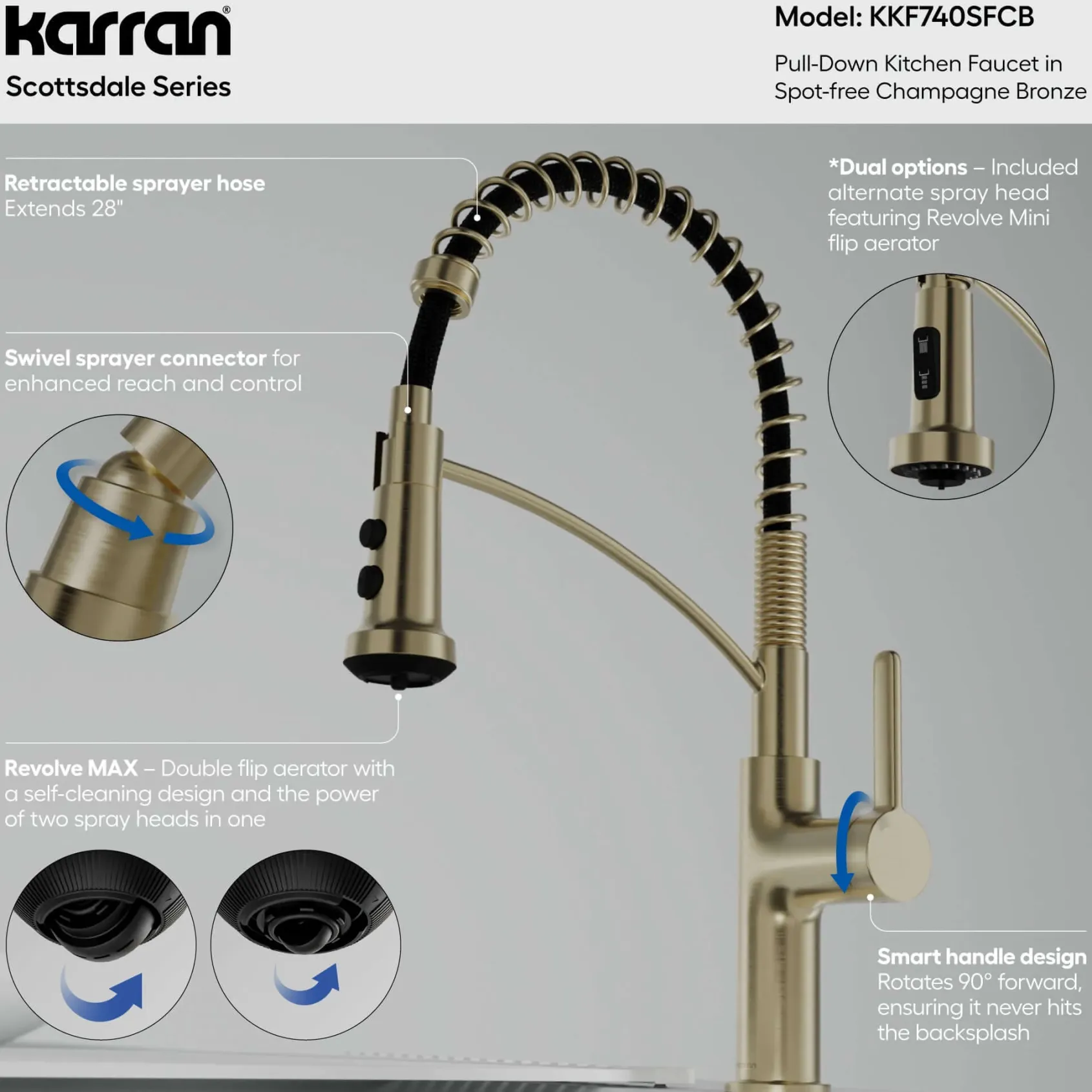 Karran Scottsdale 1.8 GPM Single Lever Lead-free Brass ADA Kitchen Faucet, Pull-Down, Spot-Free Champagne Bronze, KKF740SFCB