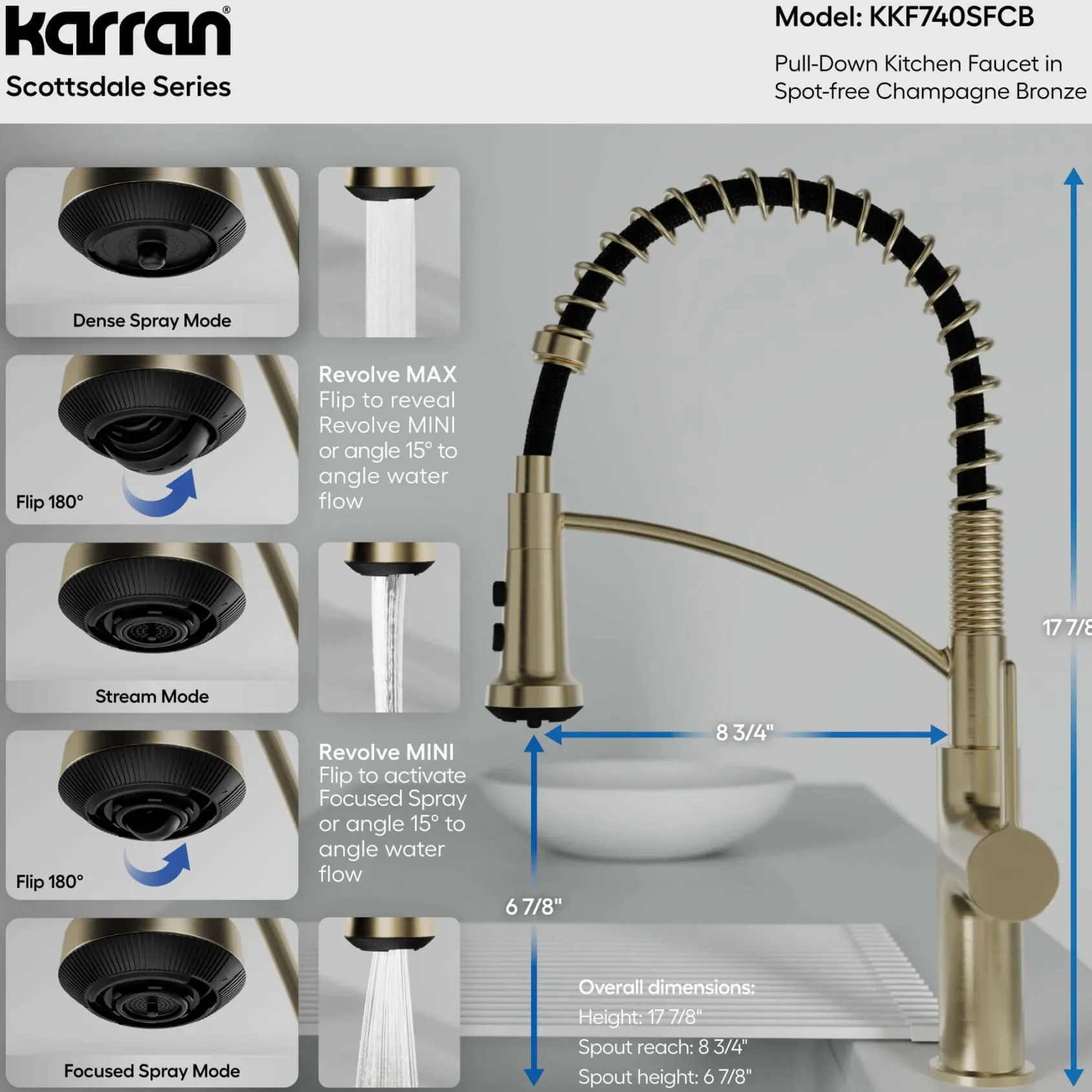 Karran Scottsdale 1.8 GPM Single Lever Lead-free Brass ADA Kitchen Faucet, Pull-Down, Spot-Free Champagne Bronze, KKF740SFCB