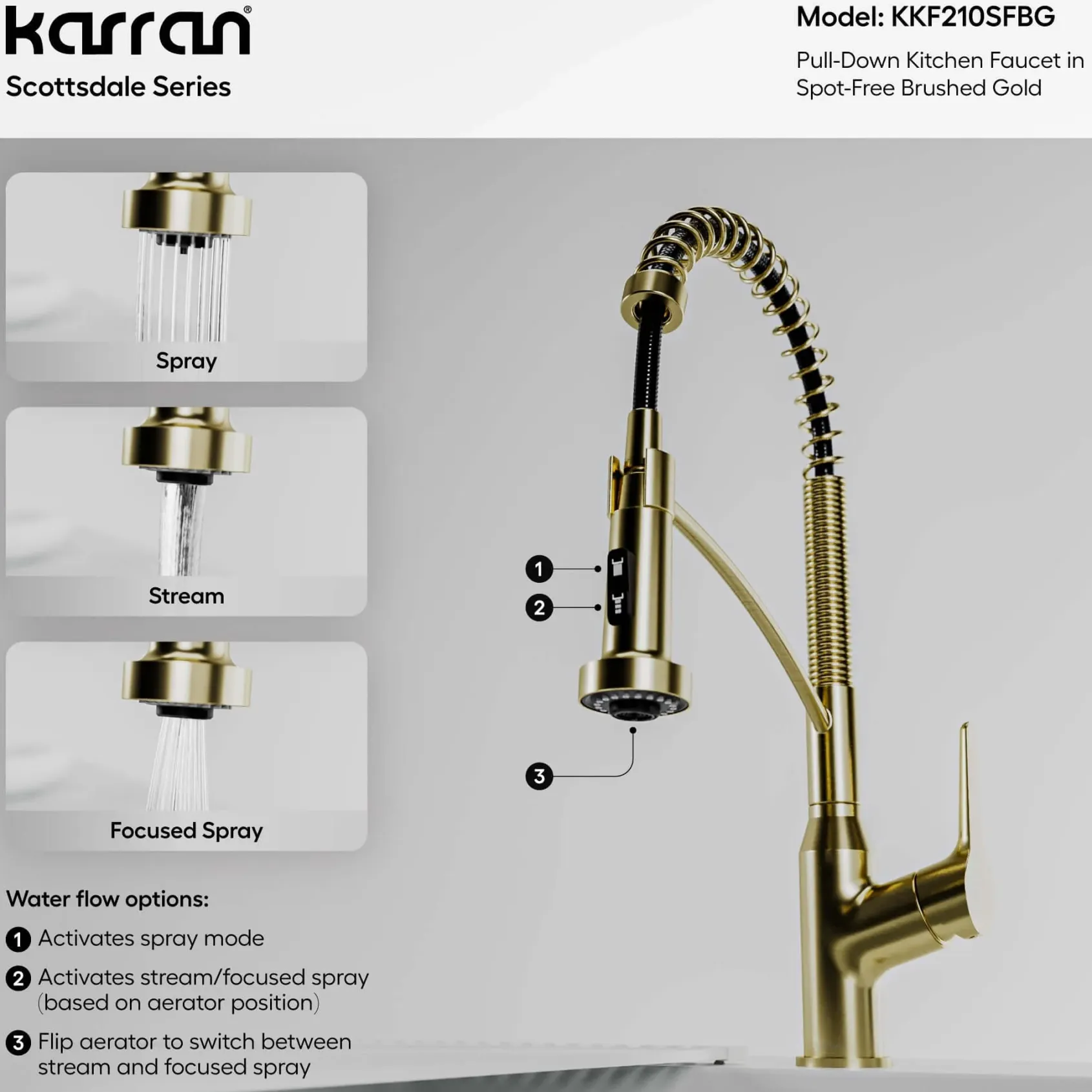 Karran Scottsdale 1.8 GPM Single Lever Handle Lead-free Brass ADA Kitchen Faucet, Pull-Down, Spot-Free Brushed Gold, KKF210SFBG