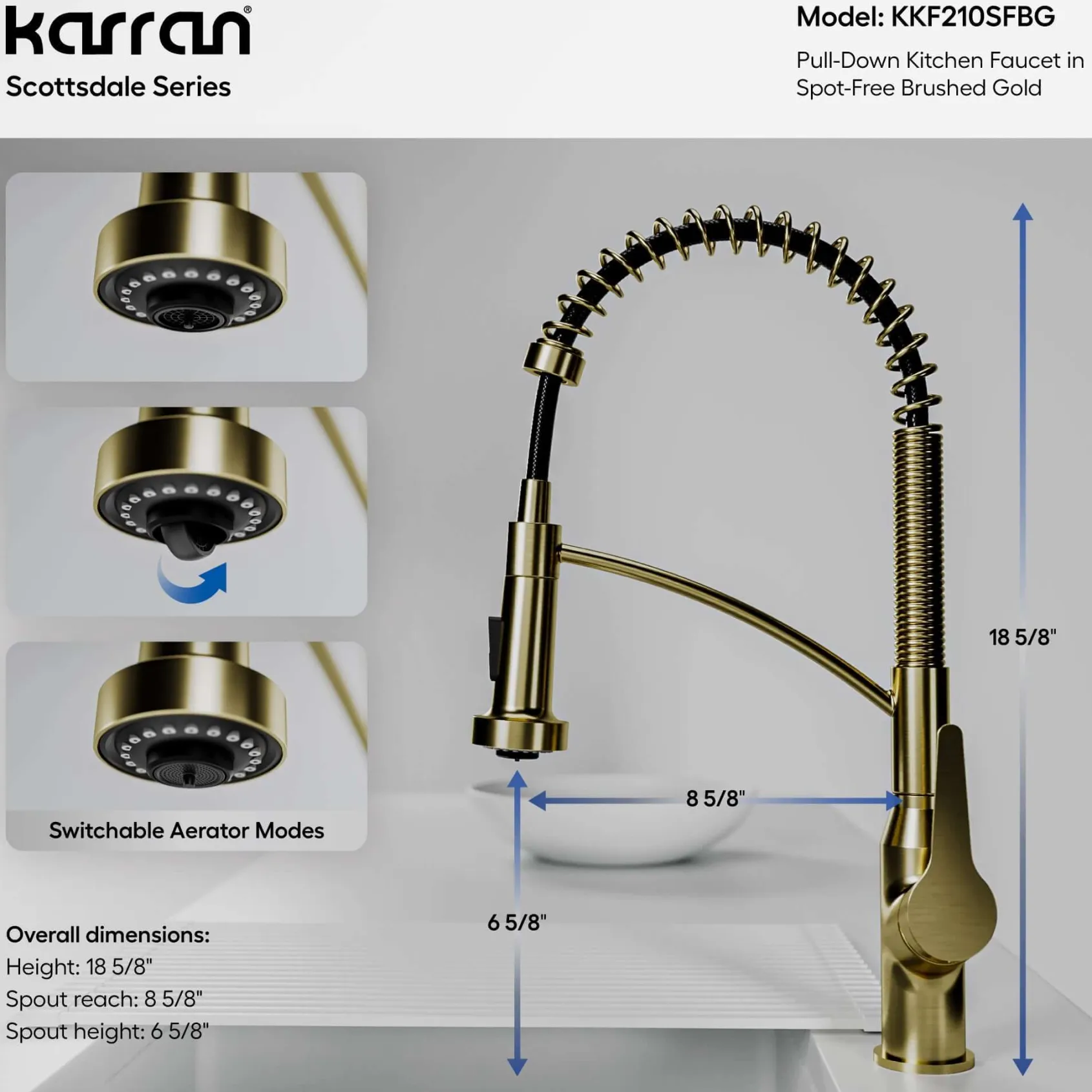 Karran Scottsdale 1.8 GPM Single Lever Handle Lead-free Brass ADA Kitchen Faucet, Pull-Down, Spot-Free Brushed Gold, KKF210SFBG
