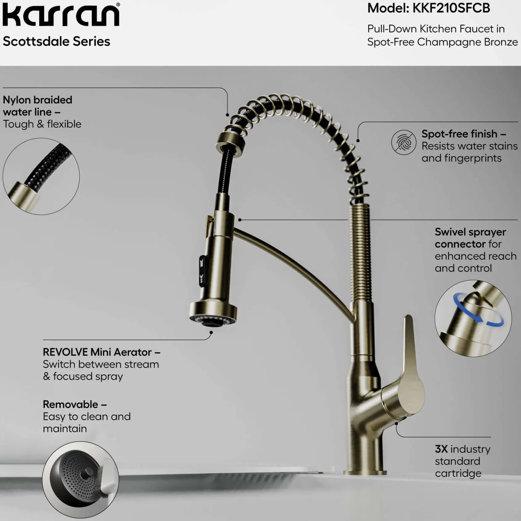 Karran Scottsdale 1.8 GPM Single Lever Handle Lead-free Brass ADA Kitchen Faucet, Pull-Down, Spot-Free Champagne Bronze, KKF210SFCB