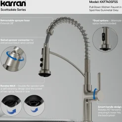 Karran Scottsdale 1.8 GPM Single Lever Lead-free Brass ADA Kitchen Faucet, Pull-Down, Spot Free Stainless Steel, KKF740SFSS