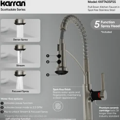 Karran Scottsdale 1.8 GPM Single Lever Lead-free Brass ADA Kitchen Faucet, Pull-Down, Spot Free Stainless Steel, KKF740SFSS