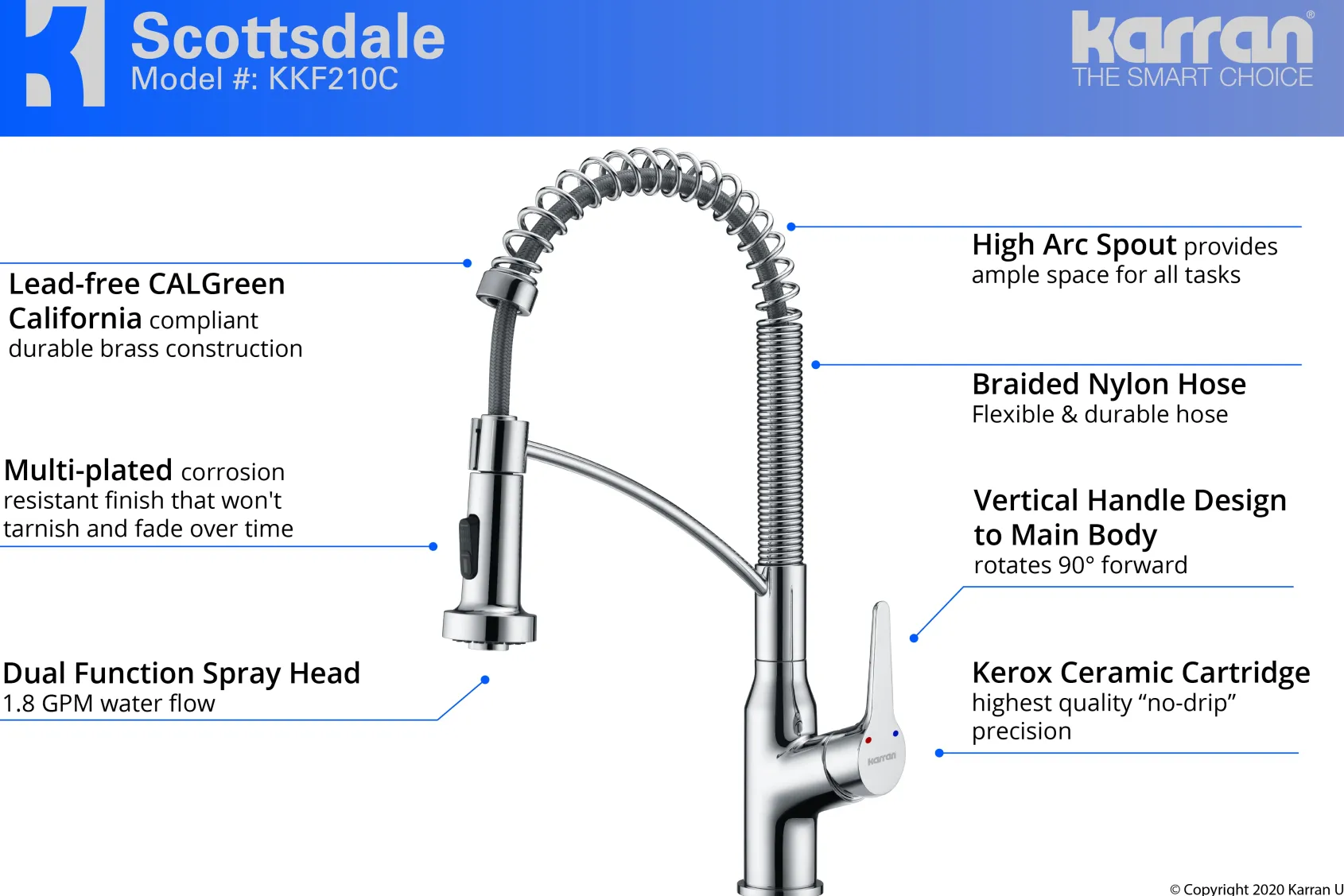 Karran Scottsdale Single Lever Handle Lead-free Brass ADA Kitchen Faucet, Pull Down, Chrome, KKF210C