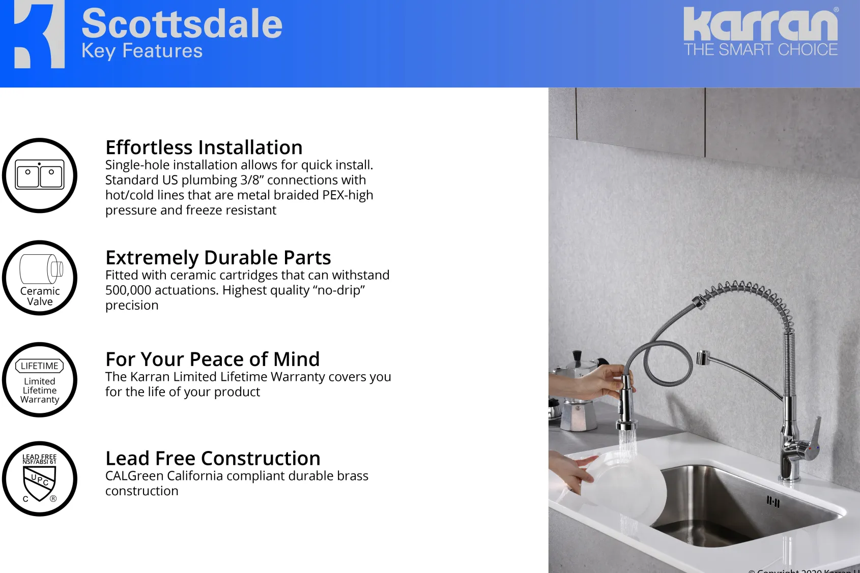 Karran Scottsdale Single Lever Handle Lead-free Brass ADA Kitchen Faucet, Pull Down, Chrome, KKF210C