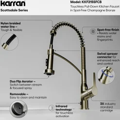 Karran Scottsdale Touchless Pull-Down Kitchen Faucet, Spot-Free Champagne Bronze, Brass, KKF215SFCB
