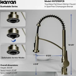 Karran Scottsdale Touchless Pull-Down Kitchen Faucet, Spot-Free Champagne Bronze, Brass, KKF215SFCB