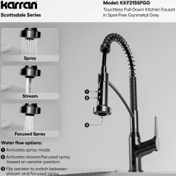 Karran Scottsdale Touchless Pull-Down Kitchen Faucet, Spot-Free Gunmetal Grey, Brass, KKF215SFGG