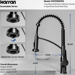 Karran Scottsdale Touchless Pull-Down Kitchen Faucet, Spot-Free Gunmetal Grey, Brass, KKF215SFGG