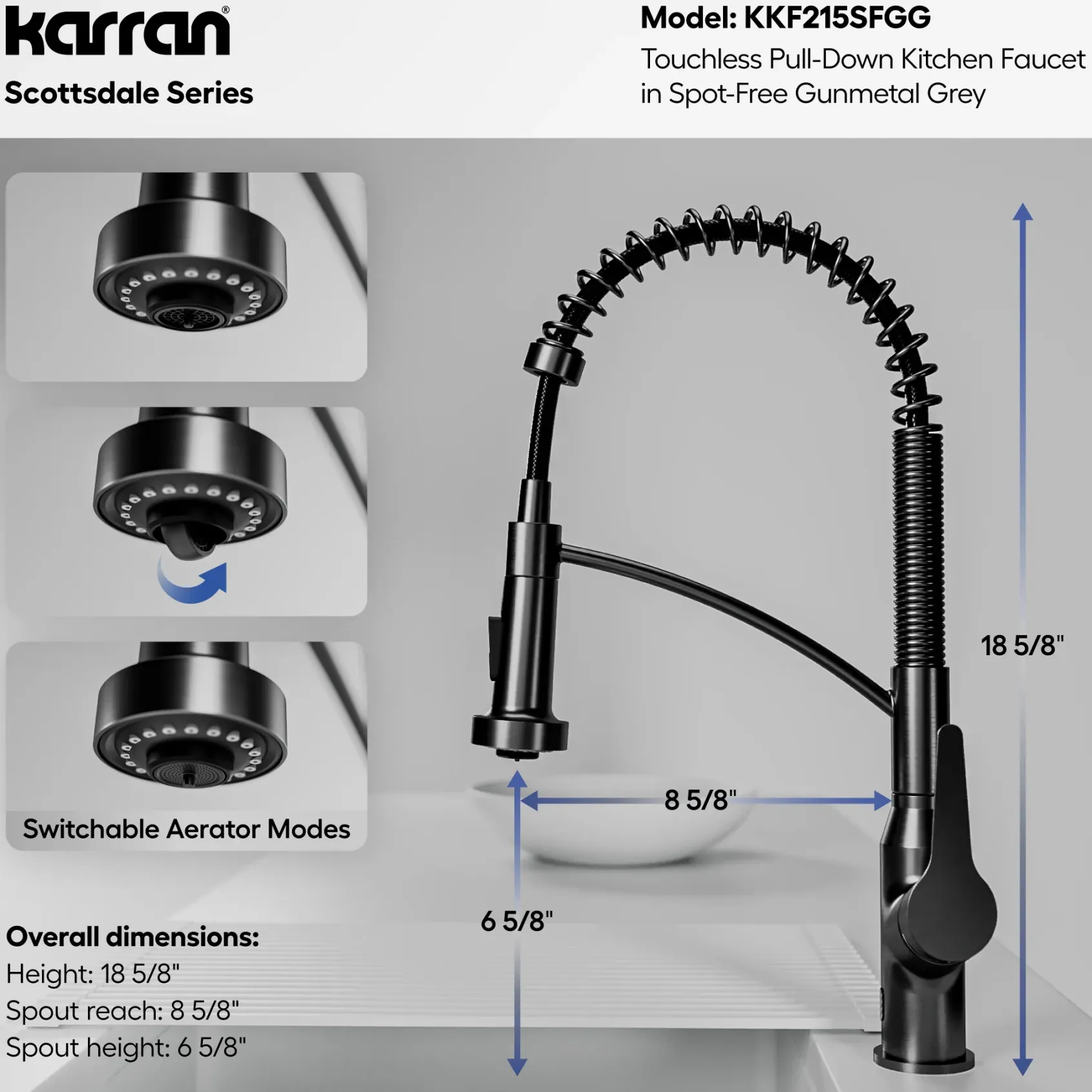 Karran Scottsdale Touchless Pull-Down Kitchen Faucet, Spot-Free Gunmetal Grey, Brass, KKF215SFGG