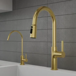 Karran Stalbridge 1.8 GPM Single Lever Lead-free Brass ADA Kitchen Faucet, Pull-Down, Spot-Free Brushed Gold, KKF720SFBG