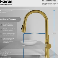 Karran Stalbridge 1.8 GPM Single Lever Lead-free Brass ADA Kitchen Faucet, Pull-Down, Spot-Free Brushed Gold, KKF720SFBG