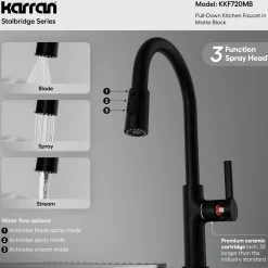 Karran Stalbridge 1.8 GPM Single Lever Lead-free Brass ADA Kitchen Faucet, Pull-Down, Matte Black, KKF720MB