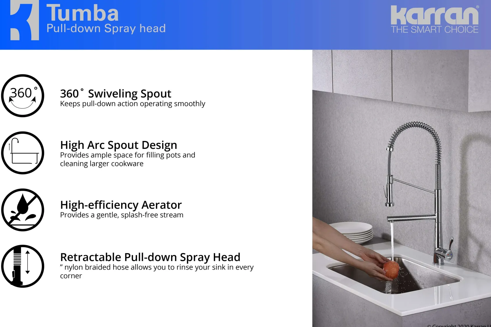 Karran Tumba Single Lever Handle Lead-free Brass ADA Kitchen Faucet, Pull Down, Chrome, KKF230C