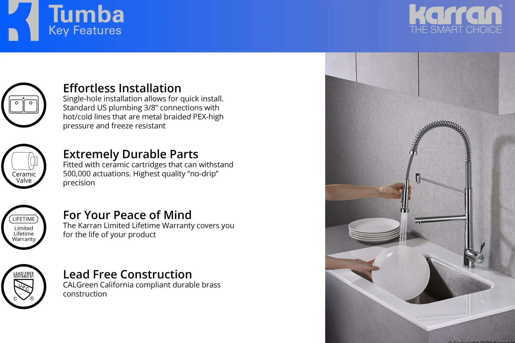 Karran Tumba Single Lever Handle Lead-free Brass ADA Kitchen Faucet, Pull Down, Chrome, KKF230C