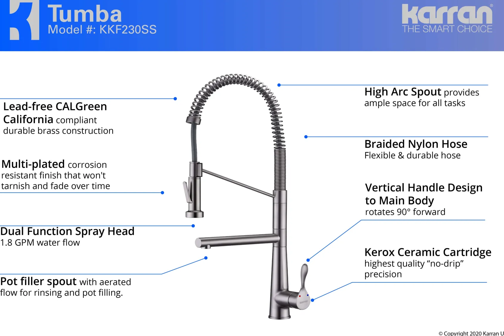 Karran Tumba Single Lever Handle Lead-free Brass ADA Kitchen Faucet, Pull Down, Stainless Steel, KKF230SS