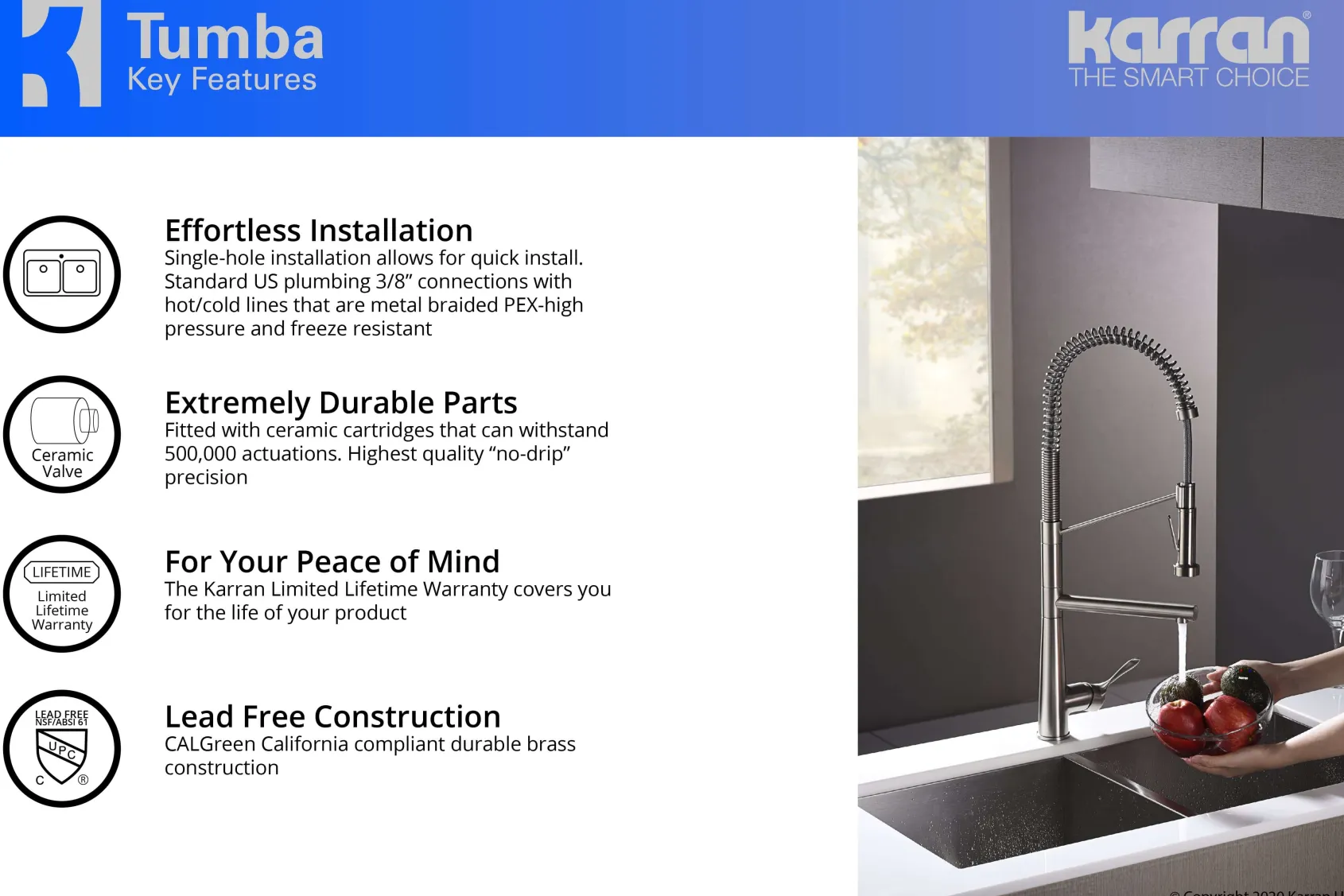 Karran Tumba Single Lever Handle Lead-free Brass ADA Kitchen Faucet, Pull Down, Stainless Steel, KKF230SS