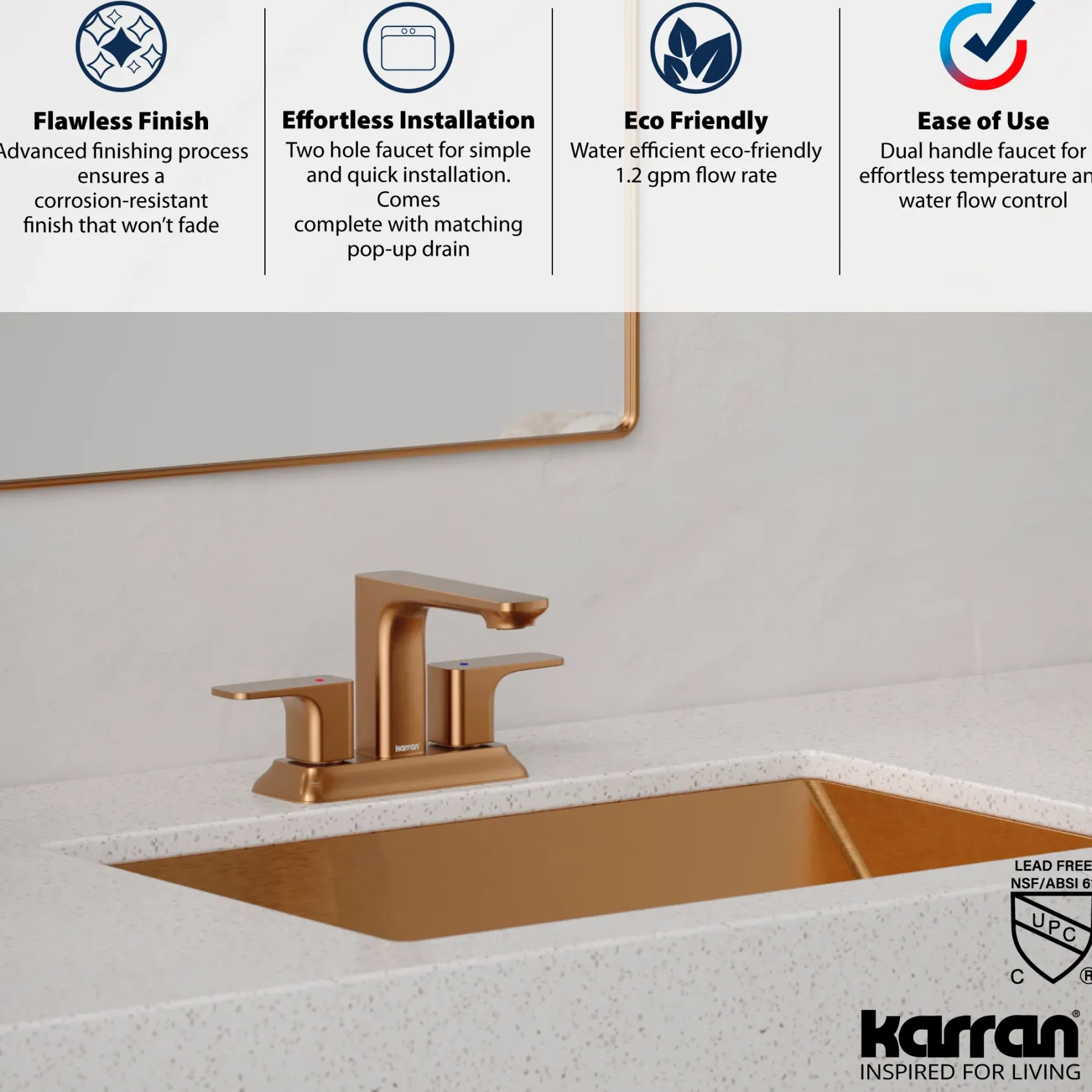 Karran Venda 1.2 GPM Double Lever Handle Lead-free Brass ADA Bathroom Faucet, Centerset, Brushed Copper, KBF516BC