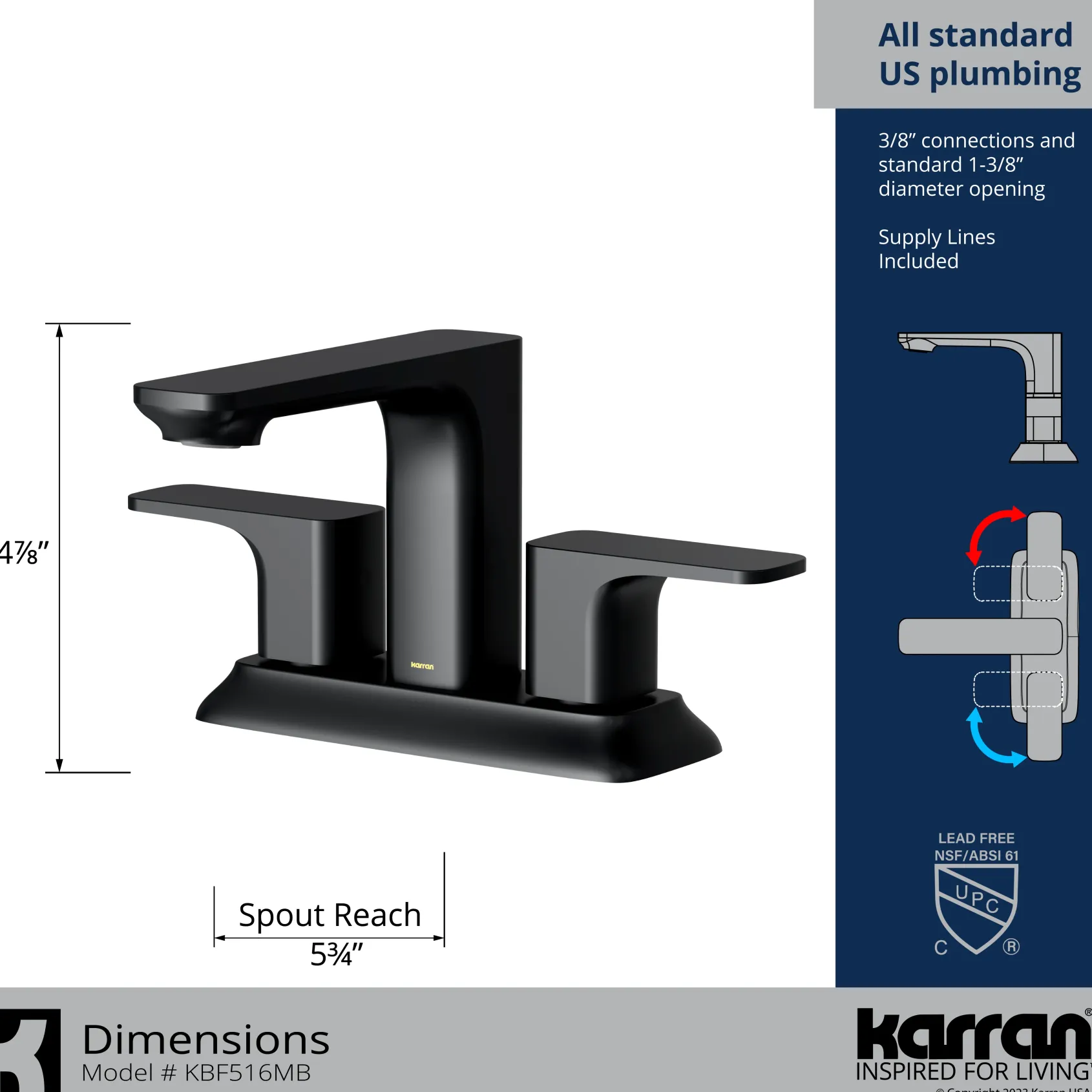Karran Venda 1.2 GPM Double Lever Handle Lead-free Brass ADA Bathroom Faucet, Centerset, Matte Black, KBF516MB