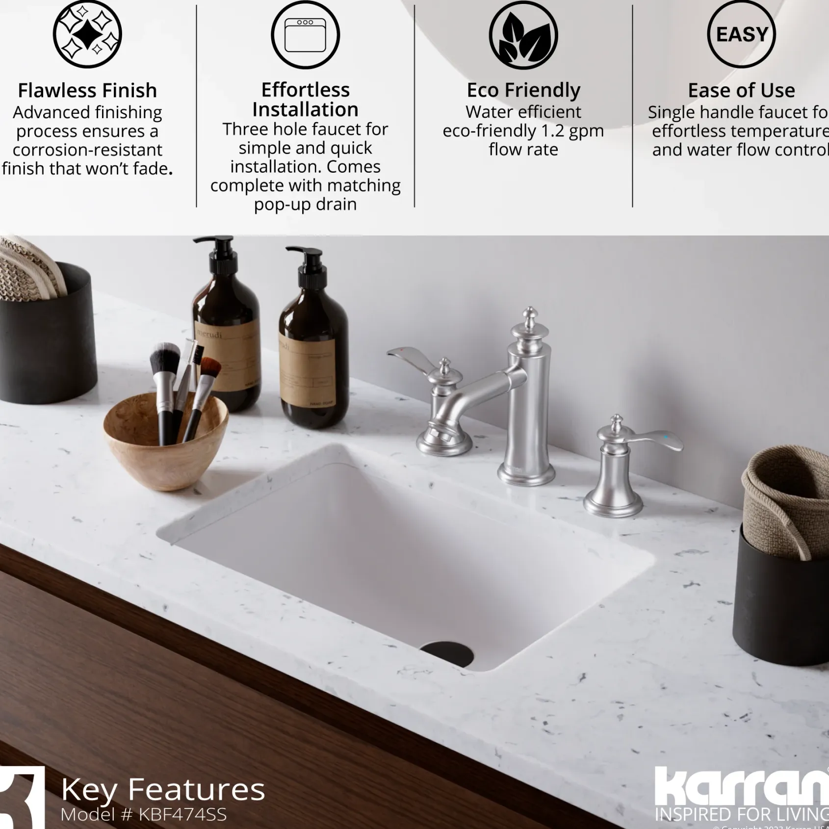 Karran Vineyard 1.2 GPM Double Lever Handle Lead-free Brass ADA Bathroom Faucet, Widespread, Stainless Steel, KBF474SS