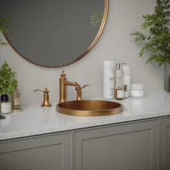 Karran Vineyard 1.2 GPM Double Lever Handle Lead-free Brass ADA Bathroom Faucet, Widespread, Brushed Copper, KBF474BC