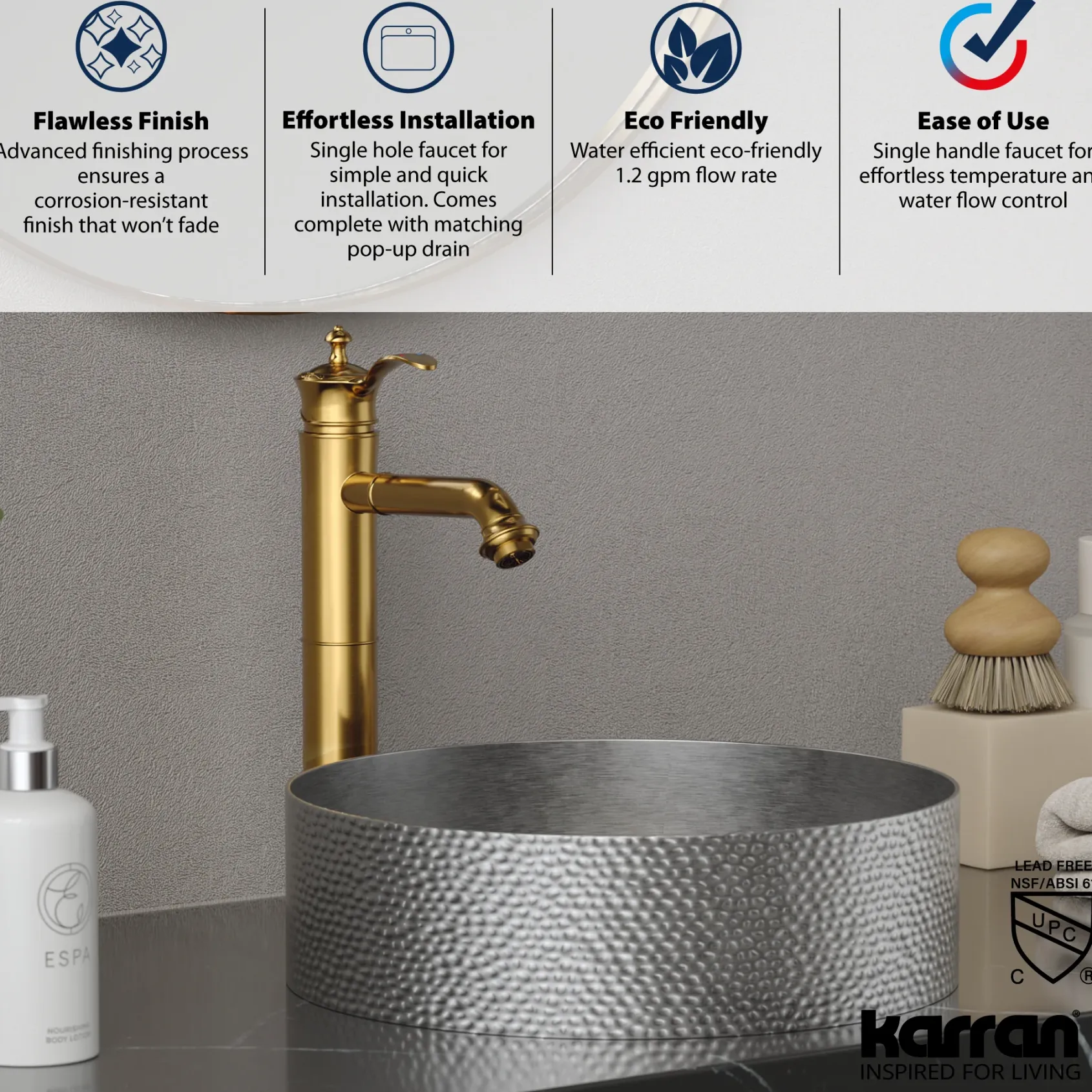 Karran Vineyard 1.2 GPM Single Lever Handle Lead-free Brass ADA Bathroom Faucet, Vessel, Gold, KBF472G