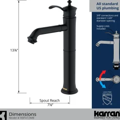 Karran Vineyard 1.2 GPM Single Lever Handle Lead-free Brass ADA Bathroom Faucet, Vessel, Matte Black, KBF472MB