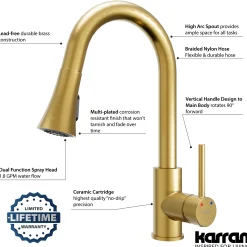 Karran Weybridge 1.8 GPM Single Lever Handle Lead-free Brass ADA Kitchen Faucet, Pull-Down Kitchen, Brushed Gold, KKF240BG