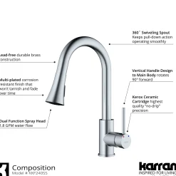 Karran Weybridge 1.8 GPM Single Lever Handle Lead-free Brass ADA Kitchen Faucet, Pull-Down Kitchen, Stainless Steel, KKF240SD25SS