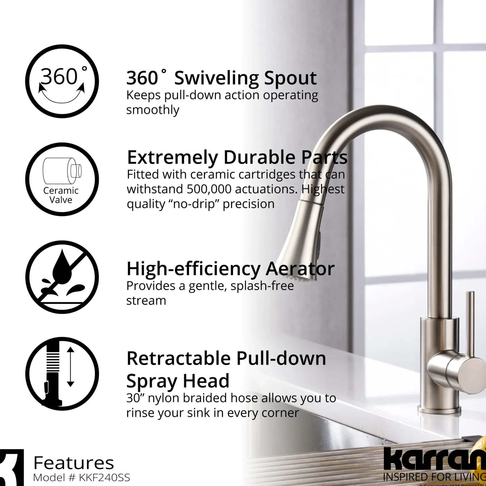 Karran Weybridge 1.8 GPM Single Lever Handle Lead-free Brass ADA Kitchen Faucet, Pull-Down Kitchen, Stainless Steel, KKF240SD25SS