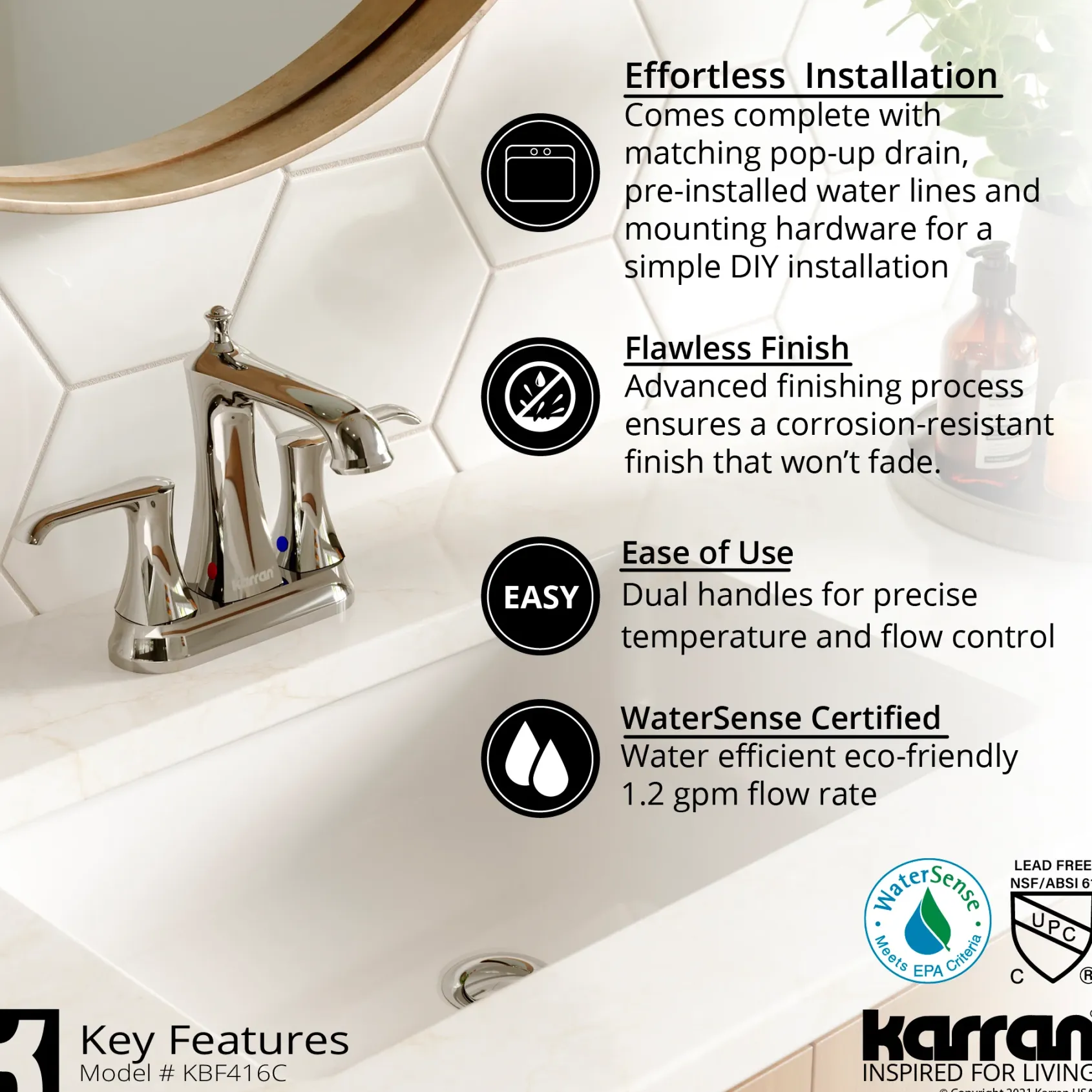 Karran Woodburn 1.2 GPM Double Lever Handle Lead-free Brass ADA Bathroom Faucet, Centerset, Chrome, KBF416C
