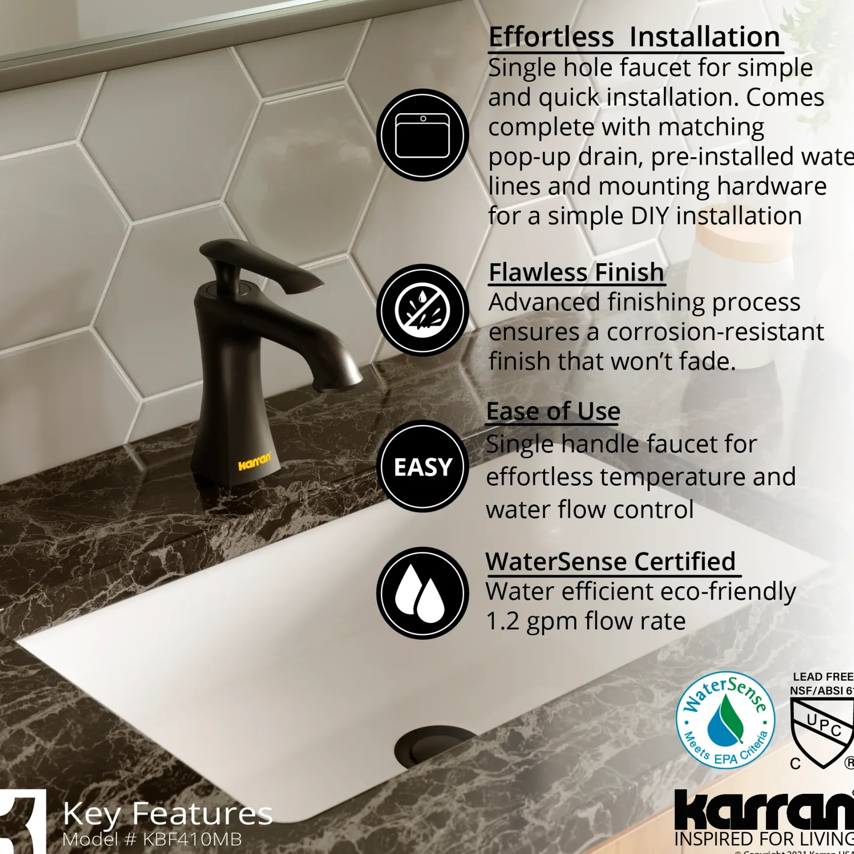Karran Woodburn 1.2 GPM Single Lever Handle Lead-free Brass ADA Bathroom Faucet, Basin, Matte Black, KBF410MB