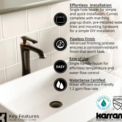 Karran Woodburn 1.2 GPM Single Lever Handle Lead-free Brass ADA Bathroom Faucet, Vessel, Oil Rubbed Bronze, KBF412ORB