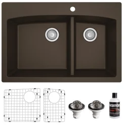 Karran 33" Drop In/Topmount Quartz Composite Kitchen Sink, 60/40 Double Bowl, Brown, QT-711-BR-PK1