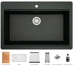 Karran 33" Drop In/Topmount Quartz Composite Workstation Kitchen Sink with Accessories, Black, QTWS-875-BL