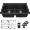 Karran 33" Drop In/Topmount Quartz Composite Kitchen Sink with Accessories, 50/50 Double Bowl, Black, QT-810-BL-PK1
