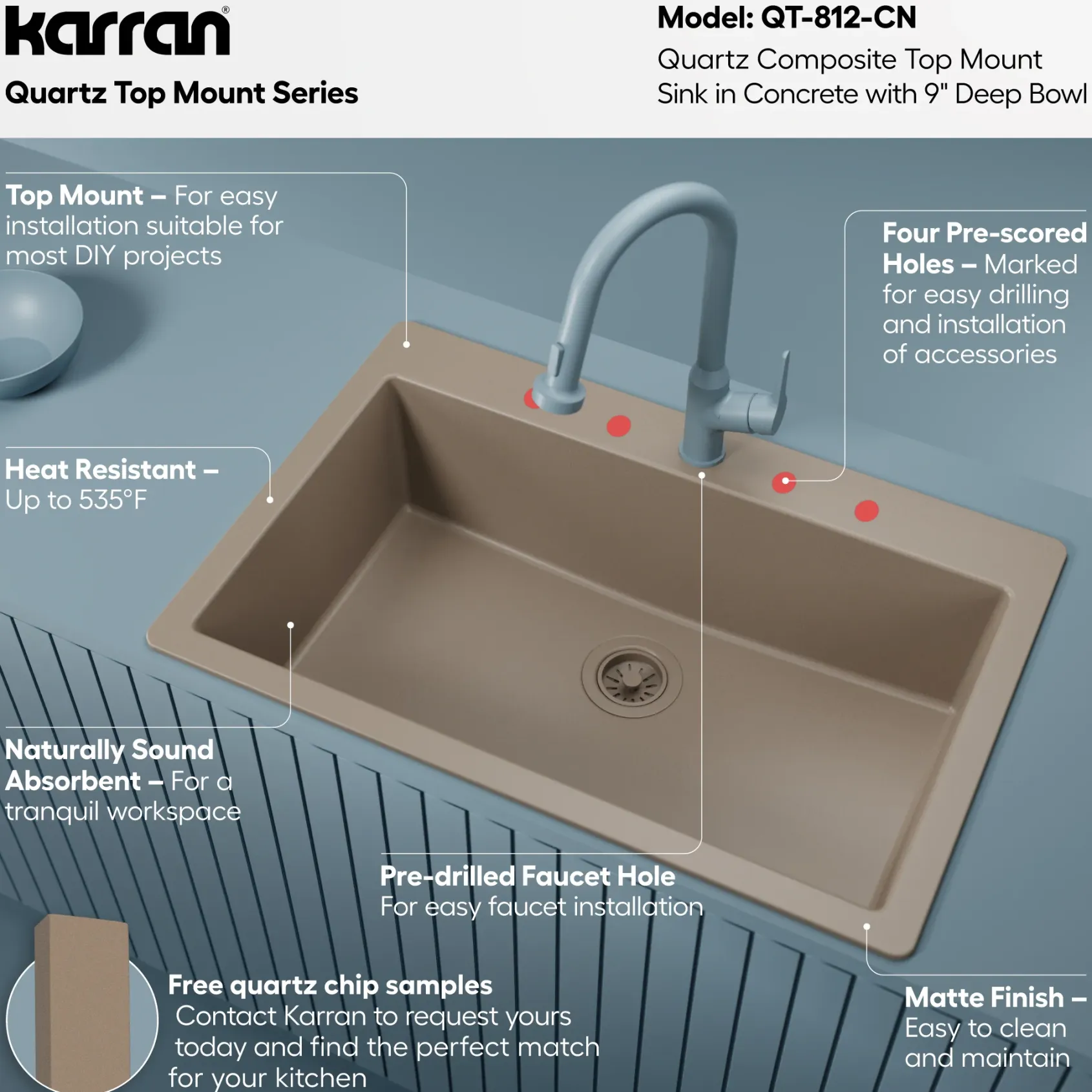 Karran 33" Drop In/Topmount Quartz Composite Kitchen Sink, Concrete, QT-812-CN