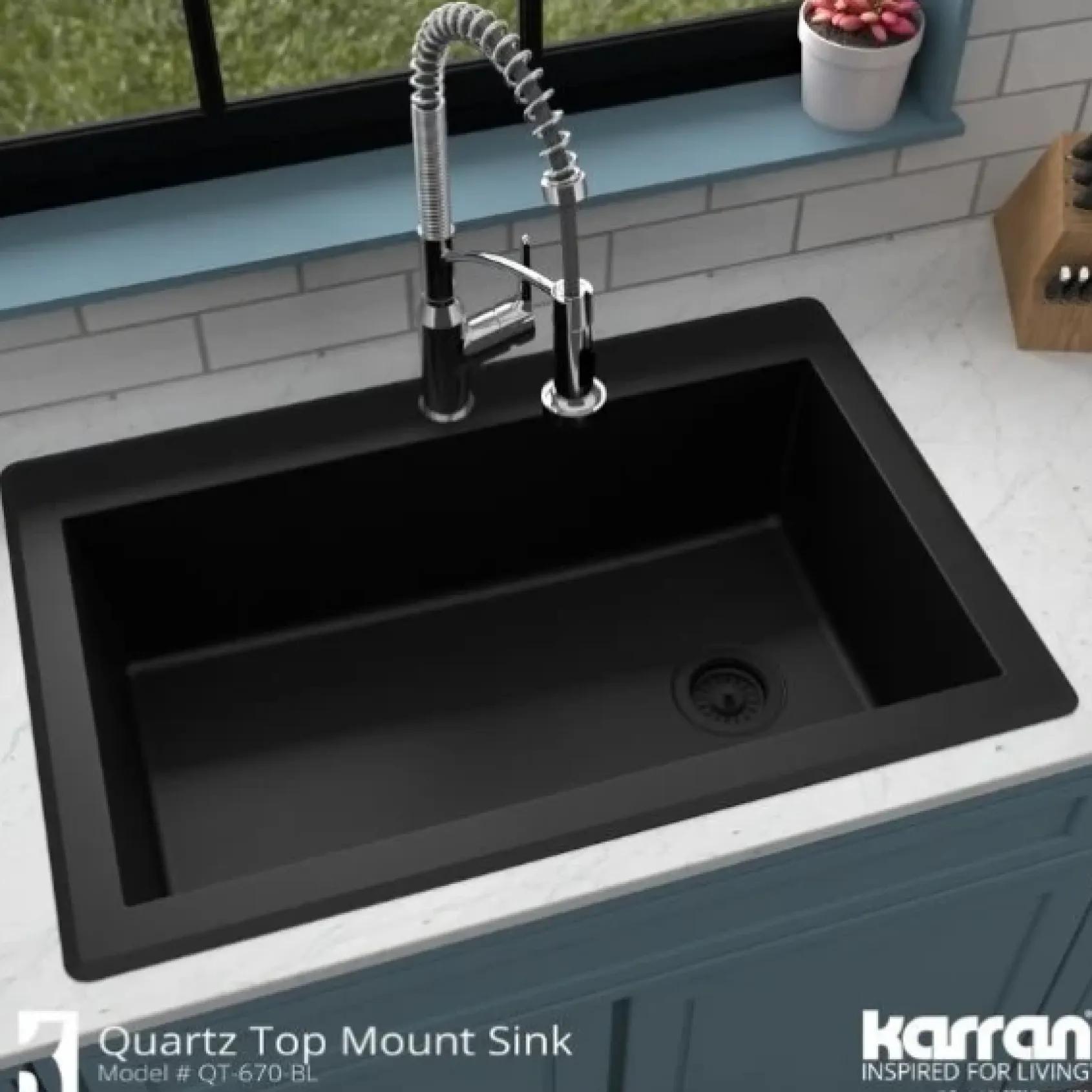Karran 33" Drop In/Topmount Quartz Composite Kitchen Sink, Black, QT-670-BL