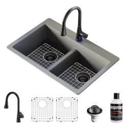 Karran 33" Drop In/Topmount Quartz Composite Kitchen Sink with Matte Black Faucet and Accessories, 50/50 Double Bowl, Grey, QT810GRKKF340MB