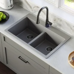 Karran 33" Drop In/Topmount Quartz Composite Kitchen Sink with Matte Black Faucet and Accessories, 50/50 Double Bowl, Grey, QT810GRKKF340MB