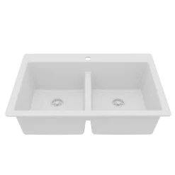 Karran 33" Drop In/Topmount Quartz Composite Kitchen Sink, 50/50 Double Bowl, White, QT-810-WH