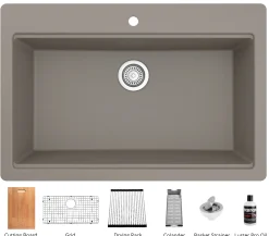 Karran 33" Drop In/Topmount Quartz Composite Workstation Kitchen Sink with Accessories, Concrete, QTWS-875-CN