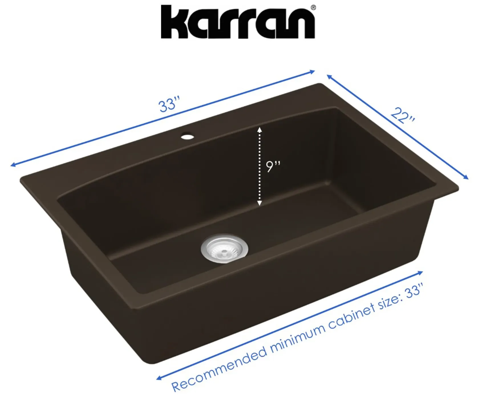 Karran 33" Drop In/Topmount Quartz Composite Kitchen Sink, Brown, QT-712-BR-PK1