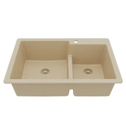 Karran 33" Drop In/Topmount Quartz Composite Kitchen Sink, 60/40 Double Bowl, Bisque, QT-811-BI