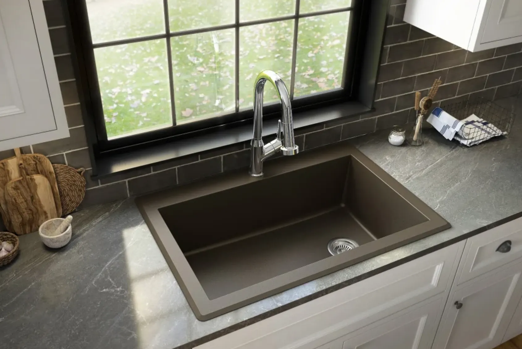 Karran 33" Drop In/Topmount Quartz Composite Kitchen Sink, Brown, QT-670-BR