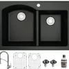 Karran 33" Drop In/Topmount Quartz Composite Kitchen Sink with Stainless Steel Faucet and Accessories, 60/40 Double Bowl, Black, QT610BL210SS