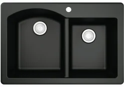 Karran 33" Drop In/Topmount Quartz Composite Kitchen Sink with Stainless Steel Faucet and Accessories, 60/40 Double Bowl, Black, QT610BL210SS
