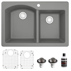 Karran 33" Drop In/Topmount Quartz Composite Kitchen Sink, 60/40 Double Bowl, Grey, QT-610-GR-PK1