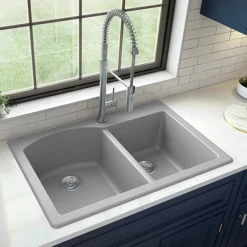 Karran 33" Drop In/Topmount Quartz Composite Kitchen Sink, 60/40 Double Bowl, Grey, QT-610-GR-PK1
